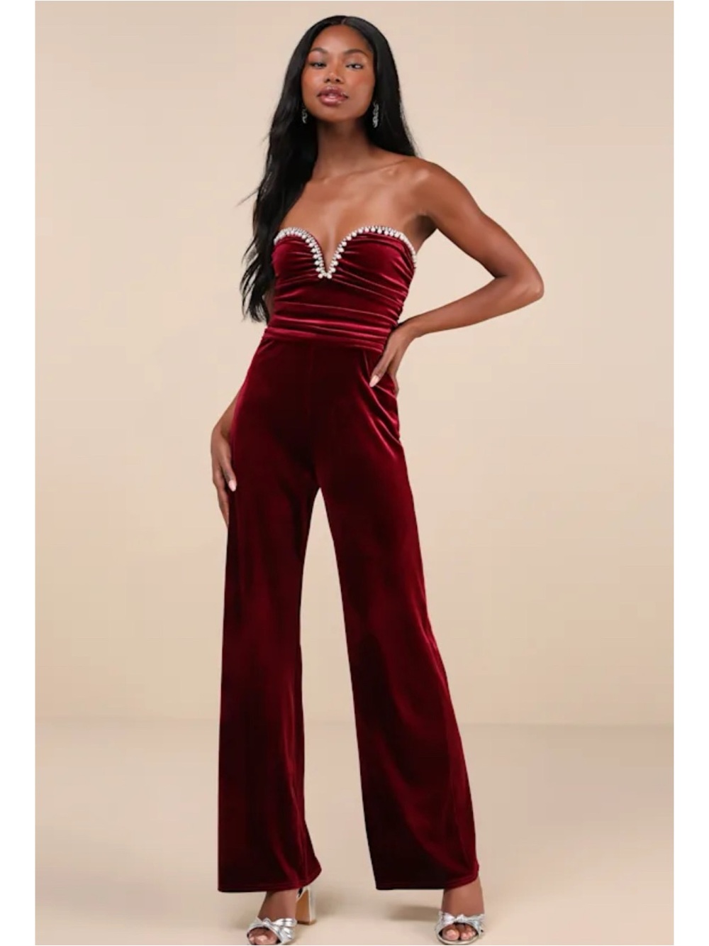 Lulu's Burgundy Velvet Strapless Jumpsuit with Pearl Trim